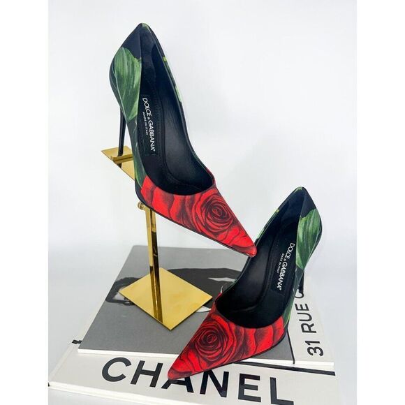 NWT DOLCE & GABBANA Black Satin Rose Print Pointed Toe Stiletto Pumps Si… - Picture 16 of 16